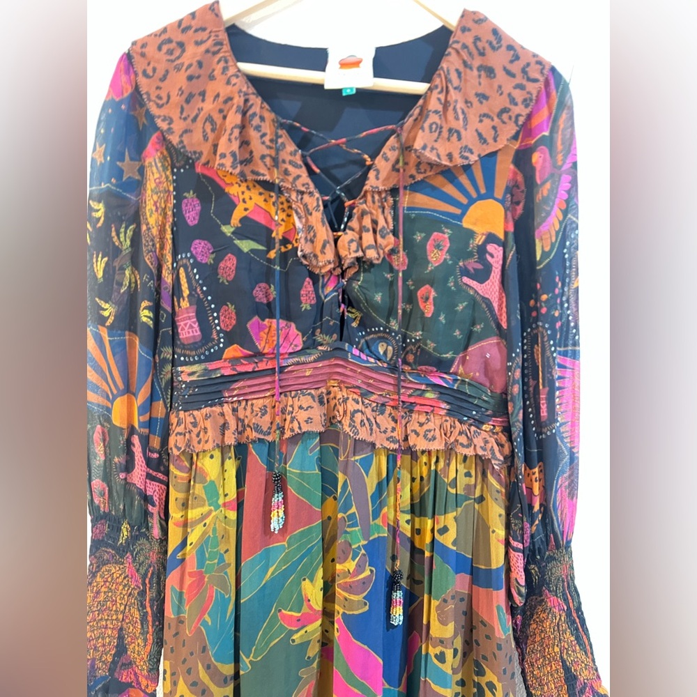 FARM RIO MIXED LEOPARDS JUNGLE LACE UP ROMANTIC MIDI DRESS - Picture 3 of 8